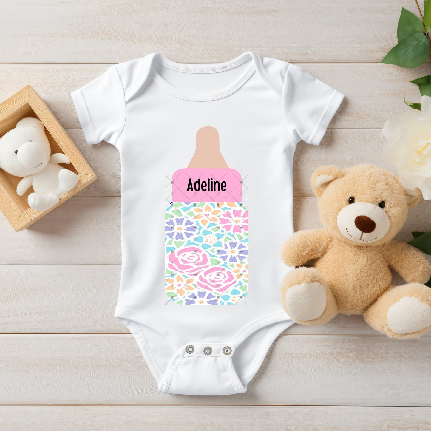 Pink, Purple and Blue Flower Baby Bottles Sublimation Digital Design - Decor, Ornament, keychain