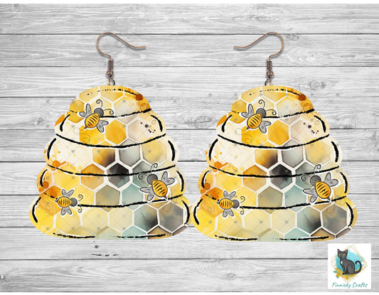 Beehive - Honeybee House -  Bees - Digital Design- Earrings - Ornaments - Signs
