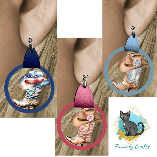 Leather Cowboy Hat & Boot Shape, Western, Jewelry, Patriotic, Rose, Light Blue, Cute, Sublimation, PNG, Digital Download, Earrings