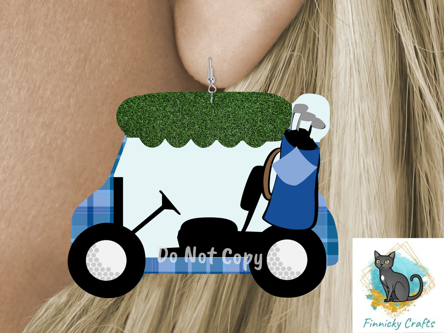 Golf Cart, Blue Plaid, Sublimation, PNG, Digital Download, Earrings, Door Hanger, Decoration, Ornament