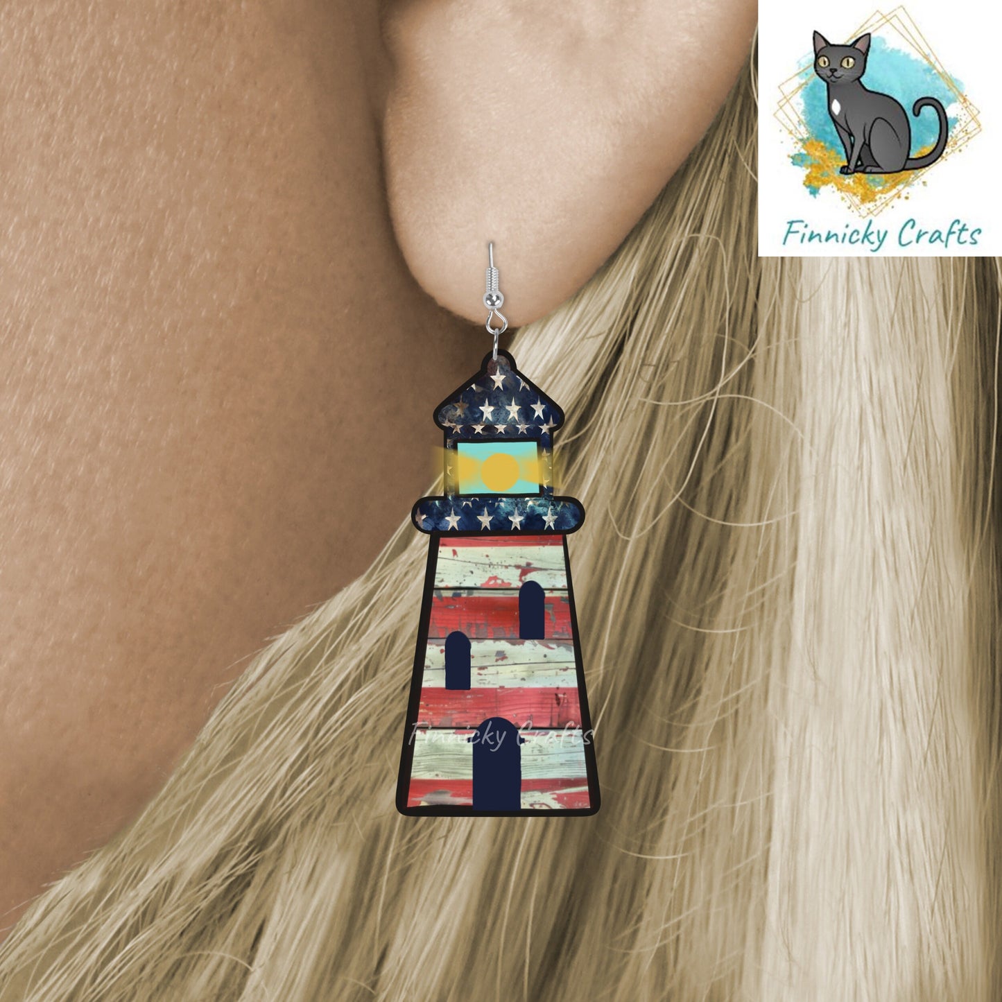 Patriotic Red White Blue Lighthouse Sign, Nightlight, Keychain, Earrings, Sublimation, Digital, PNG, Design, Download, Acrylic, MDF