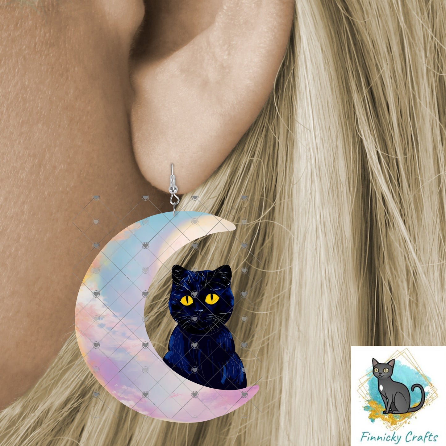 Moon Cat - Black Cat - Crescent Moon - 2 versions (Welcome & Blank) - Earrings - Signs - Design - PNG - T-shirts - DTF and Sublimation