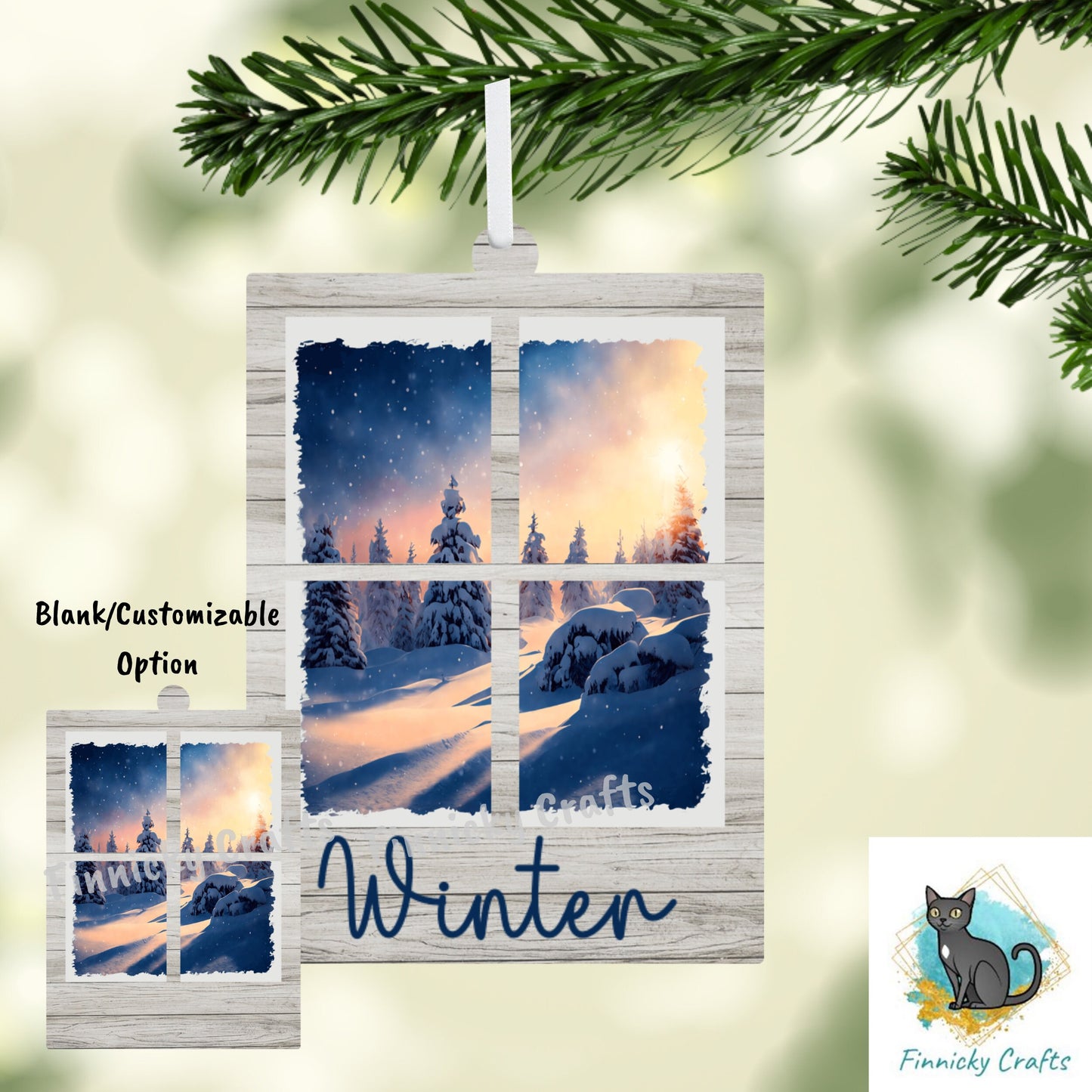 Window Scene Christmas Winter Customizable Ornament, Words and Blank, Sublimation, Digital, PNG, Design, Download.