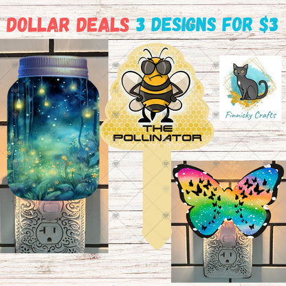 Dollar Deal - Firefly Mason Jar, Brightly Colored Butterfly, Beehive Plant Stake, Sublimation Digital Design Bundle - MDF, Acrylic