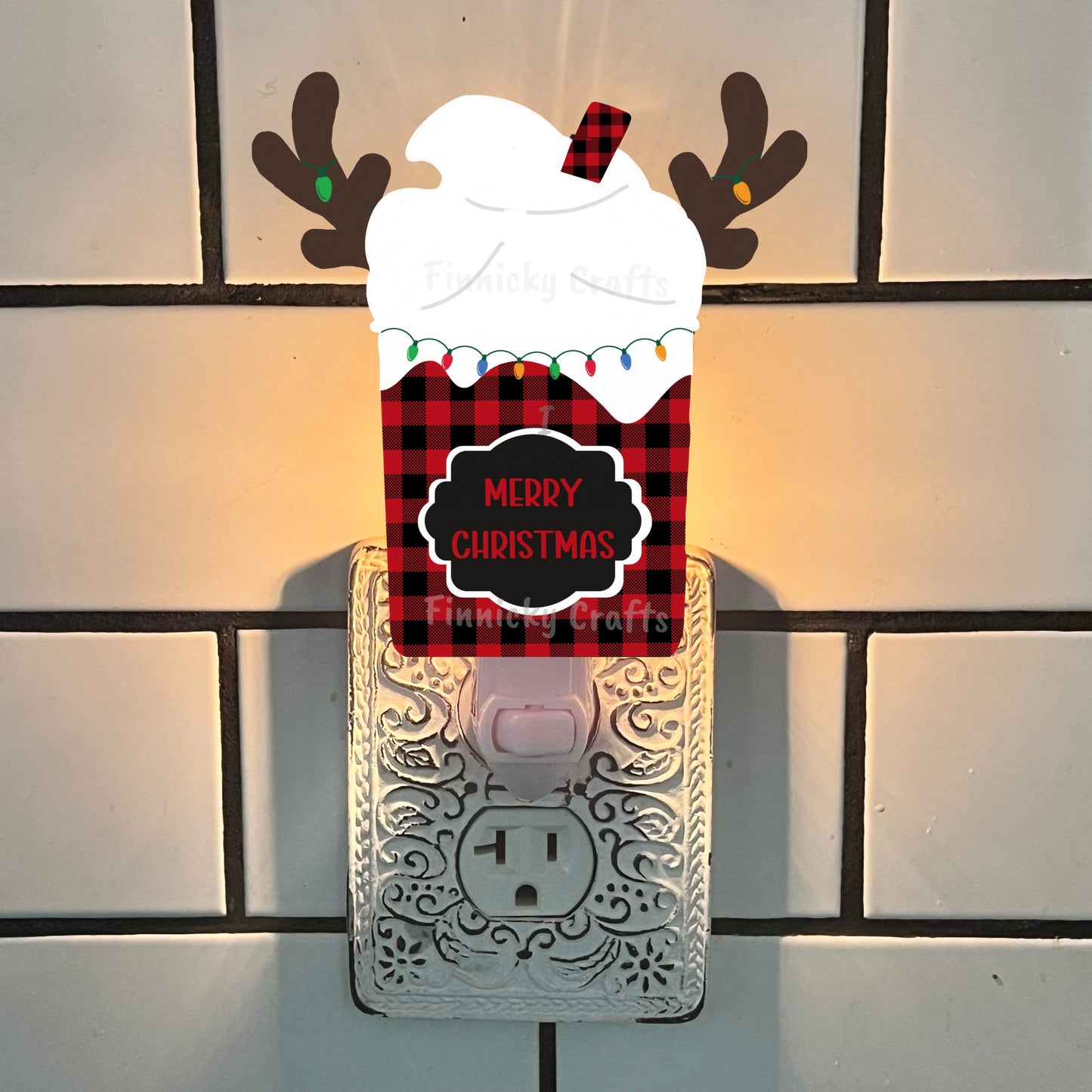 Reindeer Coffee - Christmas Winter Ornament, Customizable, Nightlight, Sublimation, Digital, PNG, Design, Download, Red Plaid, MDF & Acrylic
