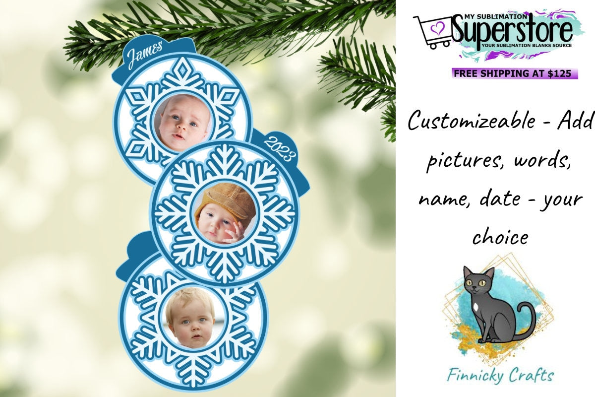 Pink and Blue Customizable Trio Bulb Snowflake Christmas Ornament Bundle png