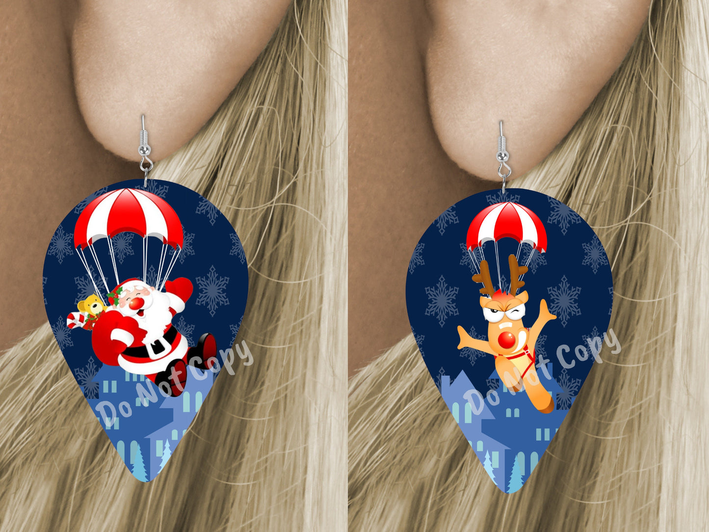 Upside Down Teardrop Earring Design, Santa Parachute, Reindeer Parachute Cute Sublimation, PNG, Digital Download, Earring Design