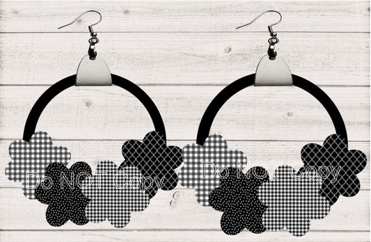 Leather Black and White Flowers Earrings PNG, Earring Design, Sublimation Leather Earring.