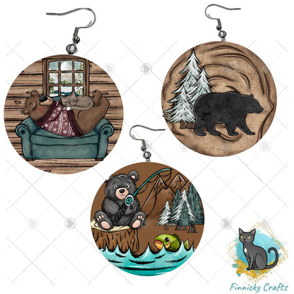 Round Circle Shaped Earrings, Bears, PNG, Sublimation Design, Digital Download, Sign, Keychain / Badge Reel, Decor
