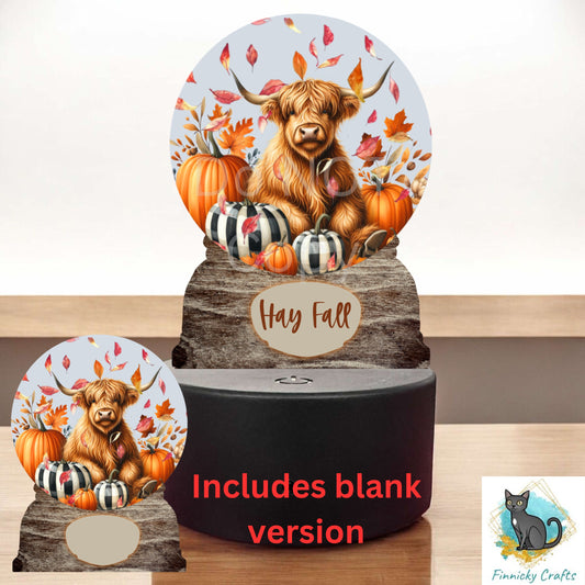 Fall Light Base, Snow Globe Cow, Sublimation Design PNG, Pumpkins, Highland cow, Pumpkins, falling autumn leaves, Words and blank