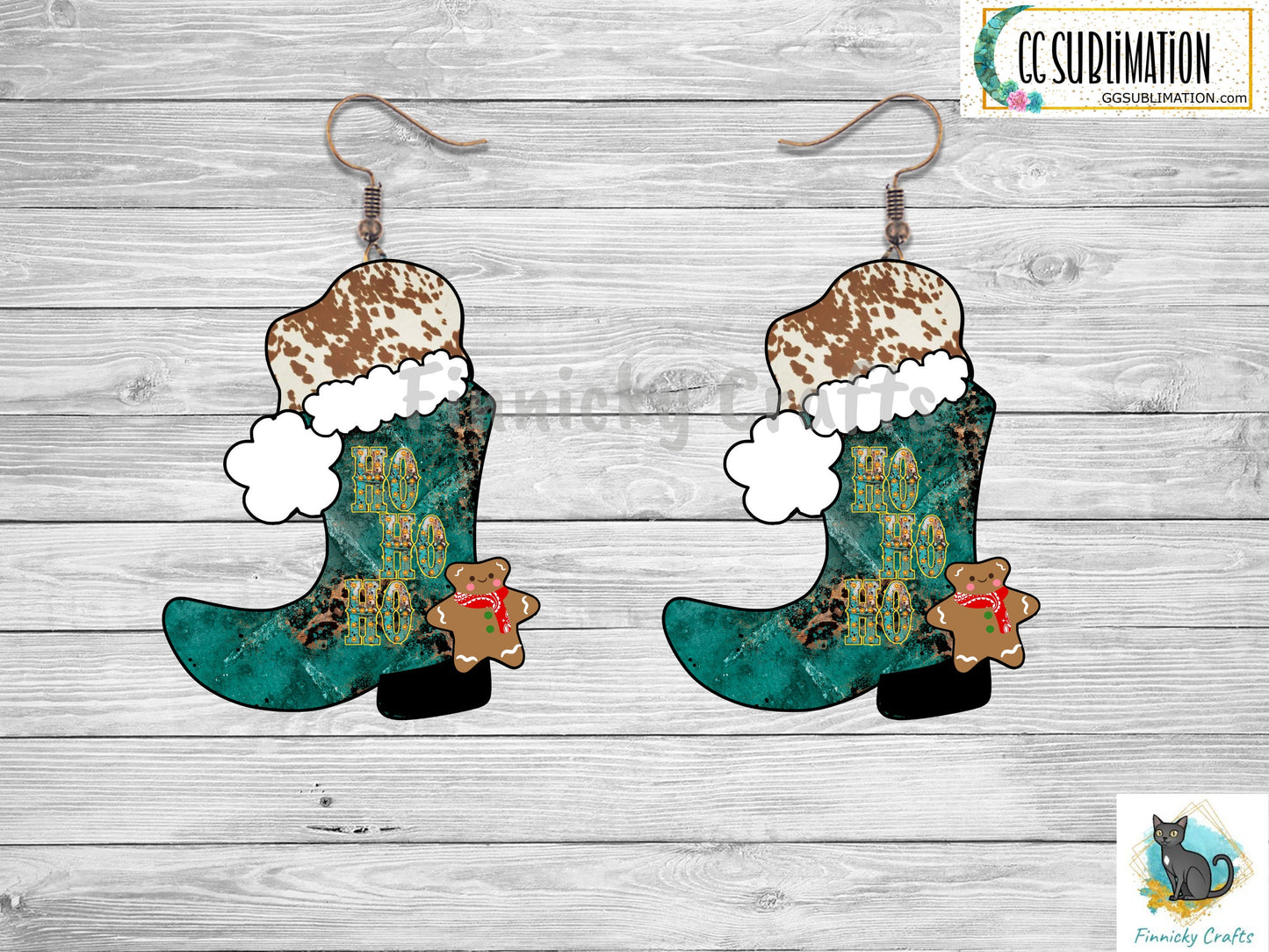 Turquoise and Leopard Cowboy Boot with Santa Hat and Gingerbread Man Spur Christmas Design png