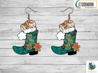 Turquoise and Leopard Cowboy Boot with Santa Hat and Gingerbread Man Spur Christmas Design png