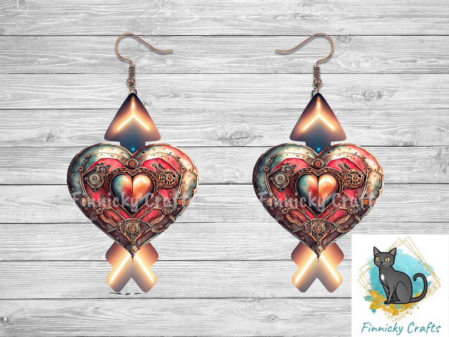 Steampunk Heart with Arrow Earrings, Sublimation, Digital, PNG, Design, Download