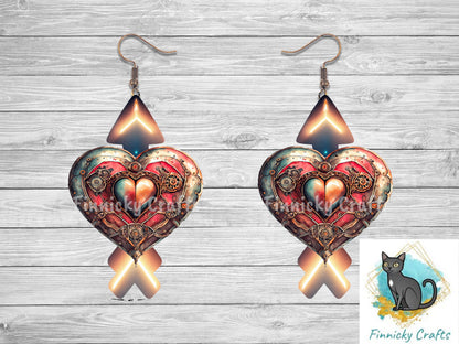 Steampunk Heart with Arrow Earrings, Sublimation, Digital, PNG, Design, Download