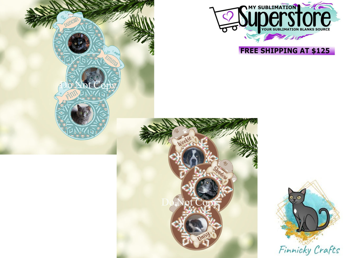 Customizable Trio Bulb Dog or Cat Snowflake Christmas Ornament png Bundle