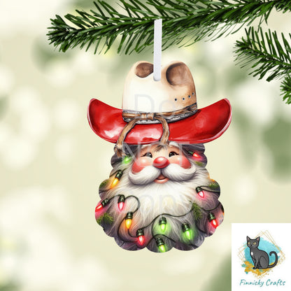 Western Cowboy Santa with Christmas lights - earrings, night light, sign, decor  -  Christmas Ornament Digital File, MDF, Sublimation, DTF