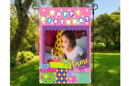 Customizable Pink Birthday Digital Garden Flag Design | Personalize with Name and Picture | 300 dpi PNG