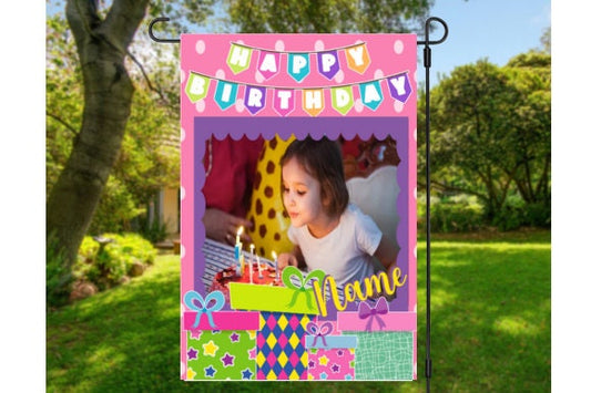 Customizable Pink Birthday Digital Garden Flag Design | Personalize with Name and Picture | 300 dpi PNG
