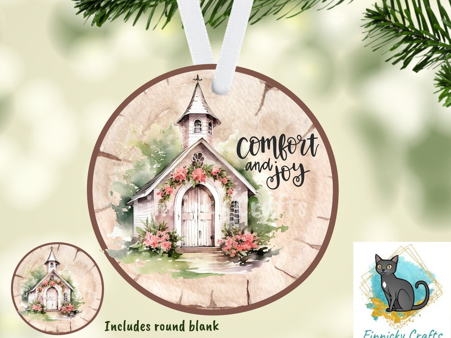 Wood Slice/Round Comfort and Joy Church Digital, Christmas, Winter, PNG, Design, Download, Door Hang, Ornament, Sublimation.