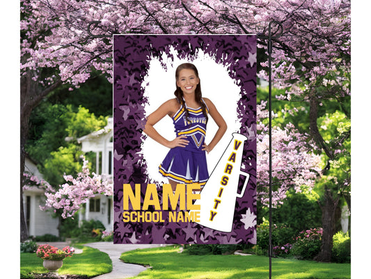 Cheerleader Garden Flag- Purple Stars - Elementary/Grammar, Middle/Junior, High, College, University