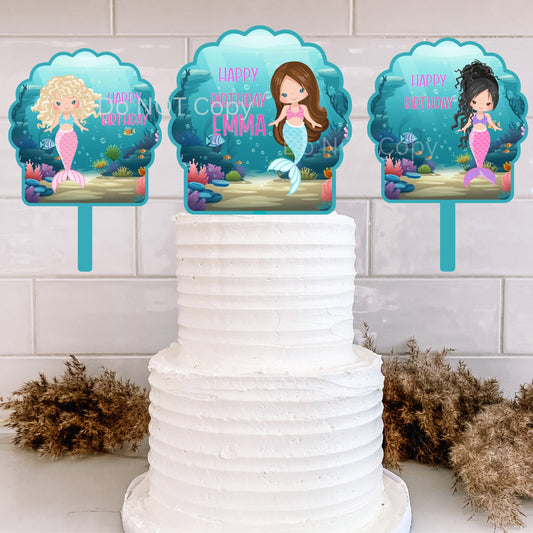 Mermaid Cake Topper Bundle Sublimation Design, Customizable Cake Topper, Blonde, Brunette, Black hair, Cake Topper Design, Add Name