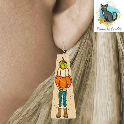 Modern Bar,Girl carrying Pumpkins, Fall Sublimation, PNG Digital Design, Earrings, MDF, Acrylic