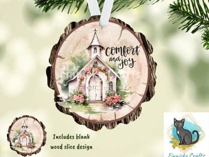 Wood Slice/Round Comfort and Joy Church Digital, Christmas, Winter, PNG, Design, Download, Door Hang, Ornament, Sublimation.
