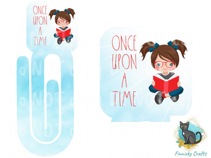Little Girls Reading - Once Upon a Time - 5 Designs Bundle - Square bookmark - Instant Digital Download - PNG