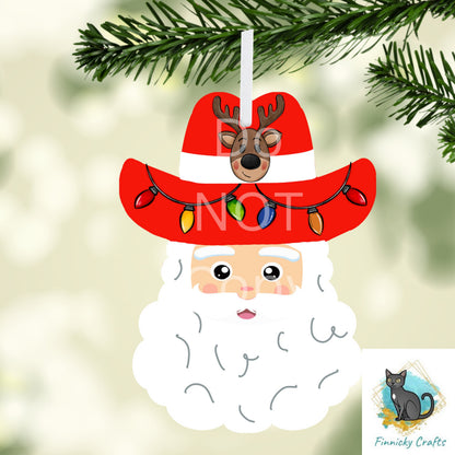 Western Cowboy Santa with reindeer and Christmas lights - earrings, night light, sign, decor  -  Christmas Ornament Digital File
