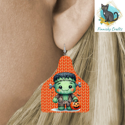 Halloween Cow Tag Shape Bundle png - Sublimation Designs Wall Hanger - Earring Png - Crochet-look Monsters, Frankenstein, Zombies