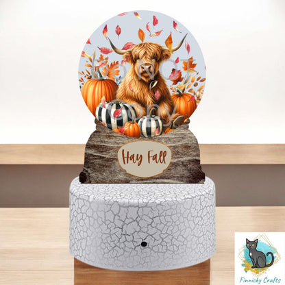 Fall Light Base, Snow Globe Cow, Sublimation Design PNG, Pumpkins, Highland cow, Pumpkins, falling autumn leaves, Words and blank