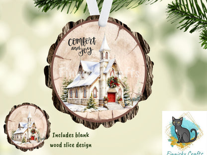 Wood Slice/Round Comfort and Joy Church Digital, Christmas, Winter, PNG, Design, Download, Door Hang, Ornament, Sublimation.