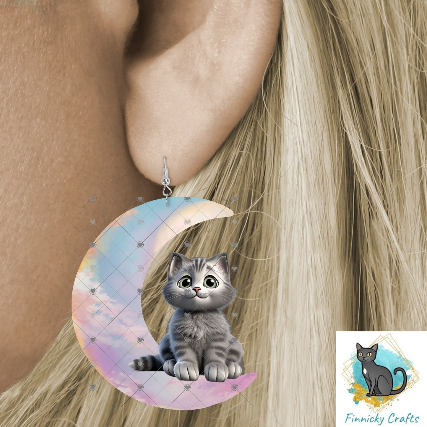 Moon Cat - Gray Cat - Crescent Moon - 2 versions (Welcome & Blank) - Earrings - Signs - Design - PNG - T-shirts - DTF and Sublimation