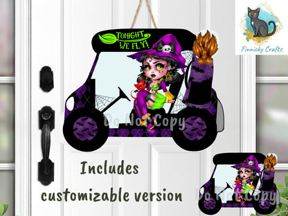 Tonight We Fly Witch/Halloween Golf Cart, Sublimation, PNG, Digital Download, Earrings, Door Hanger, Decoration, Ornament