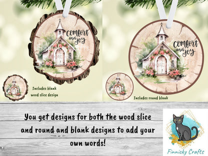 Wood Slice/Round Comfort and Joy Church Digital, Christmas, Winter, PNG, Design, Download, Door Hang, Ornament, Sublimation.