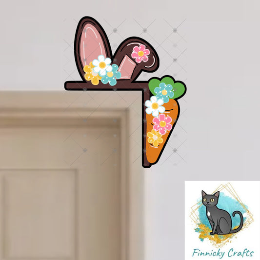 Corner Door Sitter - Brown Bunny Ears with Flowers and Carrot - Easter - Door Topper - Decoration - PNG Digital Download for Sublimation