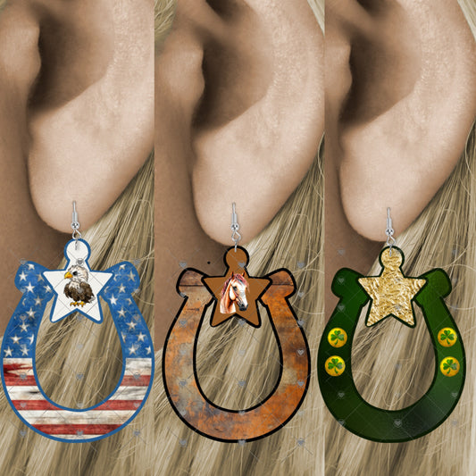 Horseshoe with Star Earrings, USA, Rusty, Shamrock Sublimation, Digital, PNG Design, Earrings.