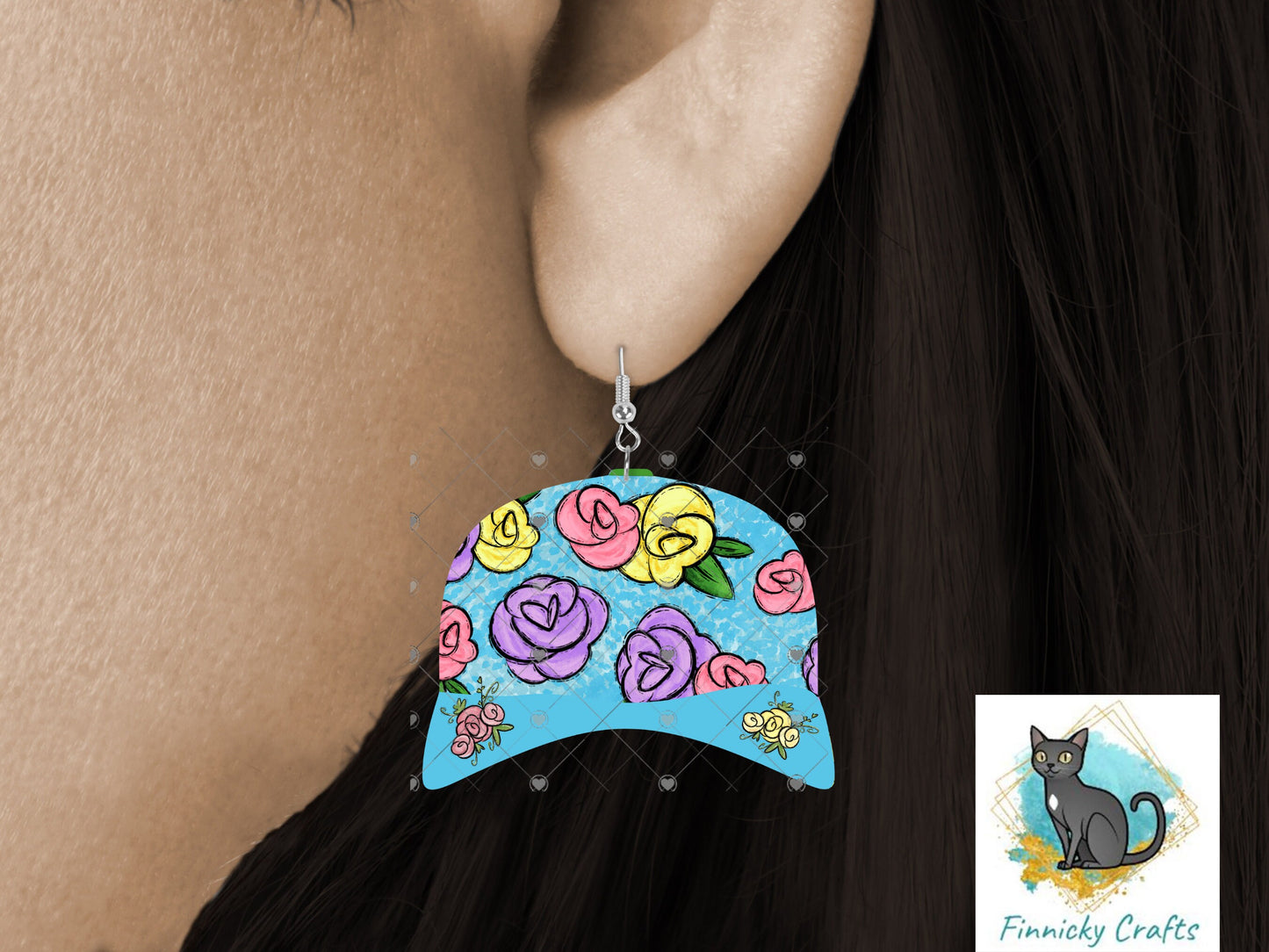 Baseball Cap Bundle, Sublimation, Floral, Blue Stars, Golf, Digital, PNG Design, Earrings.