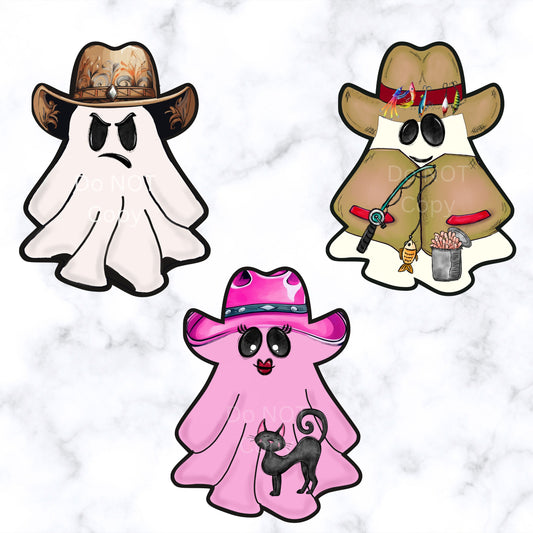 Ghost Cowboy bundle- Sublimation Design - Pink, Fisherman, earrings, night light, vent clip, door sign, bag charm, Halloween decorations