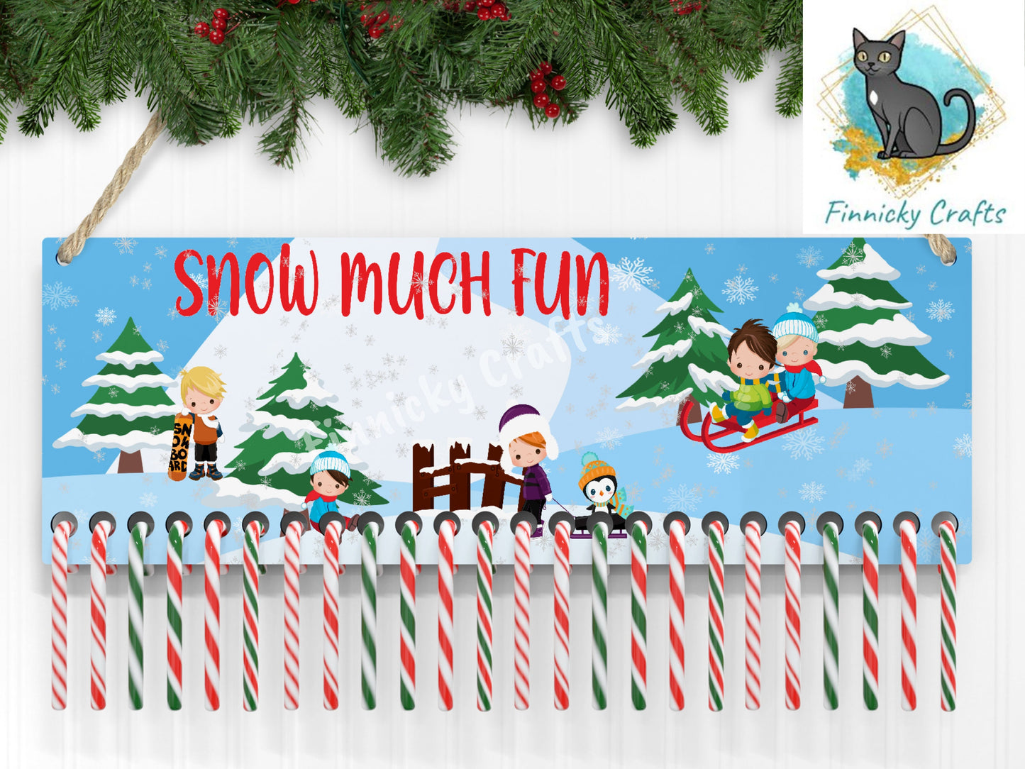 Candy Cane Holder, Snow Much Fun, Winter, Boys, Sledding, Digital, PNG, Design, Download, Ornament, Decoration, Sublimation