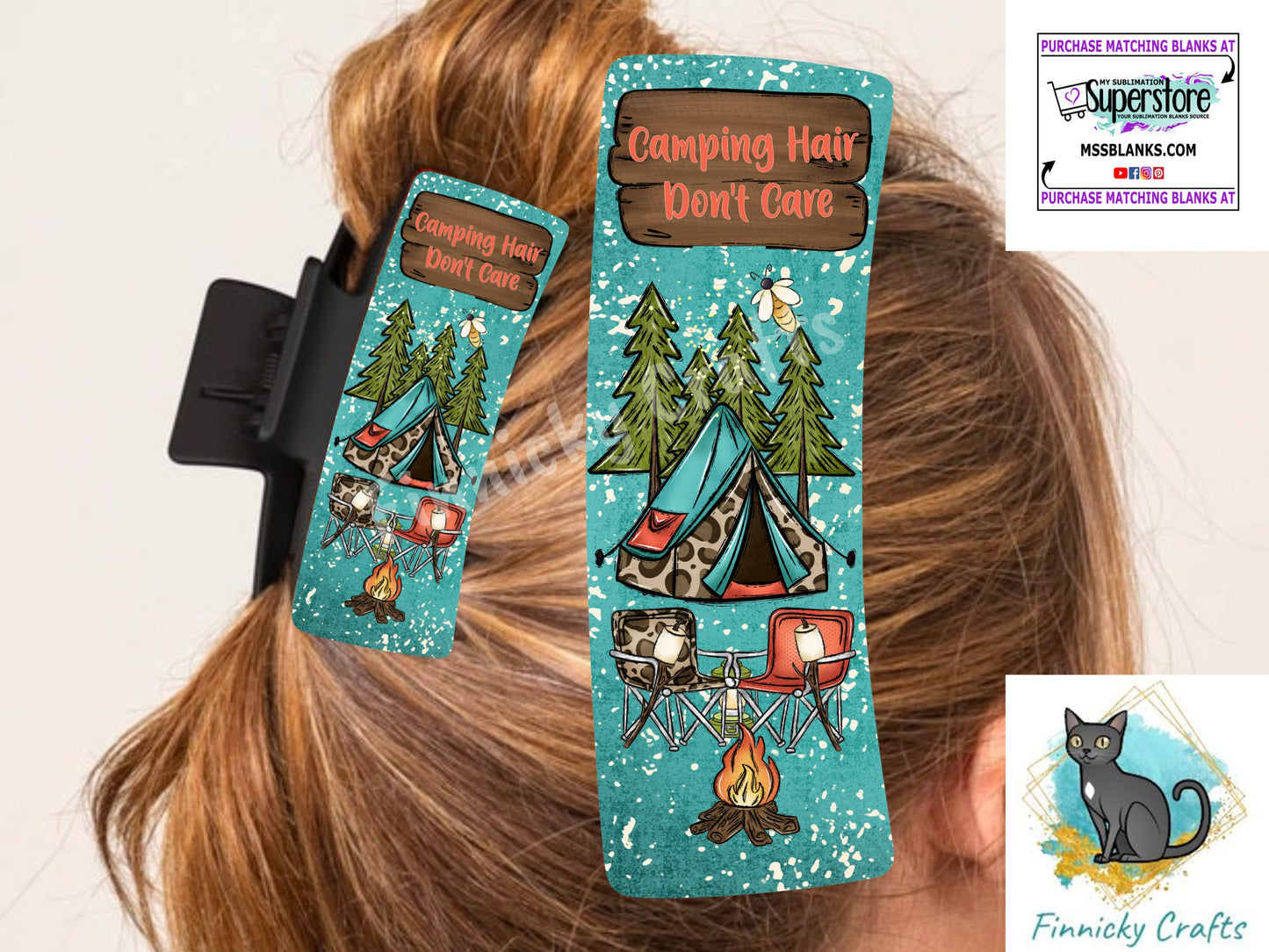 Camping Hair Don't Care, Large hair clip, small hair clip sublimation, Digital Design png