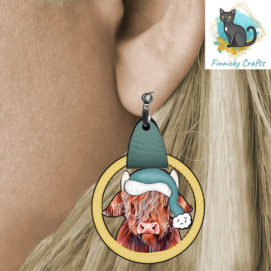 CIJ - Highland Cow Leather Earrings Shape png - Teal and Yellow - Sublimation Designs - MDF and Acrylic