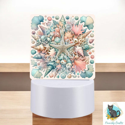 Acrylic Light Base Sublimation Design, Night light, Digital Download - Pastel, Seashells, Sandy Beach - Square Shape