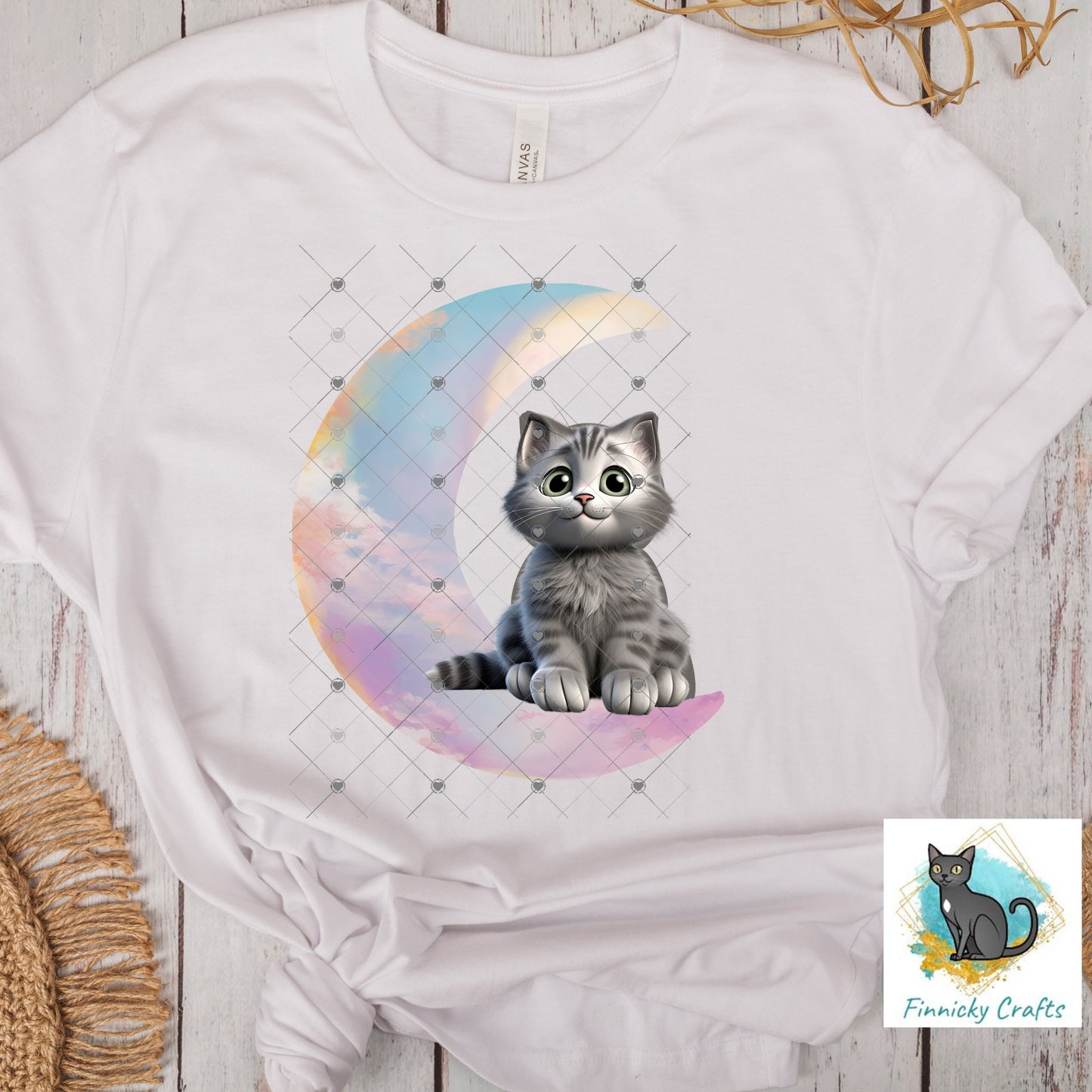 Moon Cat - Gray Cat - Crescent Moon - 2 versions (Welcome & Blank) - Earrings - Signs - Design - PNG - T-shirts - DTF and Sublimation