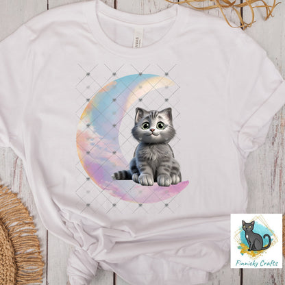 Moon Cat - Gray Cat - Crescent Moon - 2 versions (Welcome & Blank) - Earrings - Signs - Design - PNG - T-shirts - DTF and Sublimation