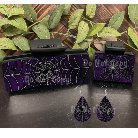 Purple Spider, Halloween, Spiderweb Large hair clip, small hair clip, earrings, sublimation, png