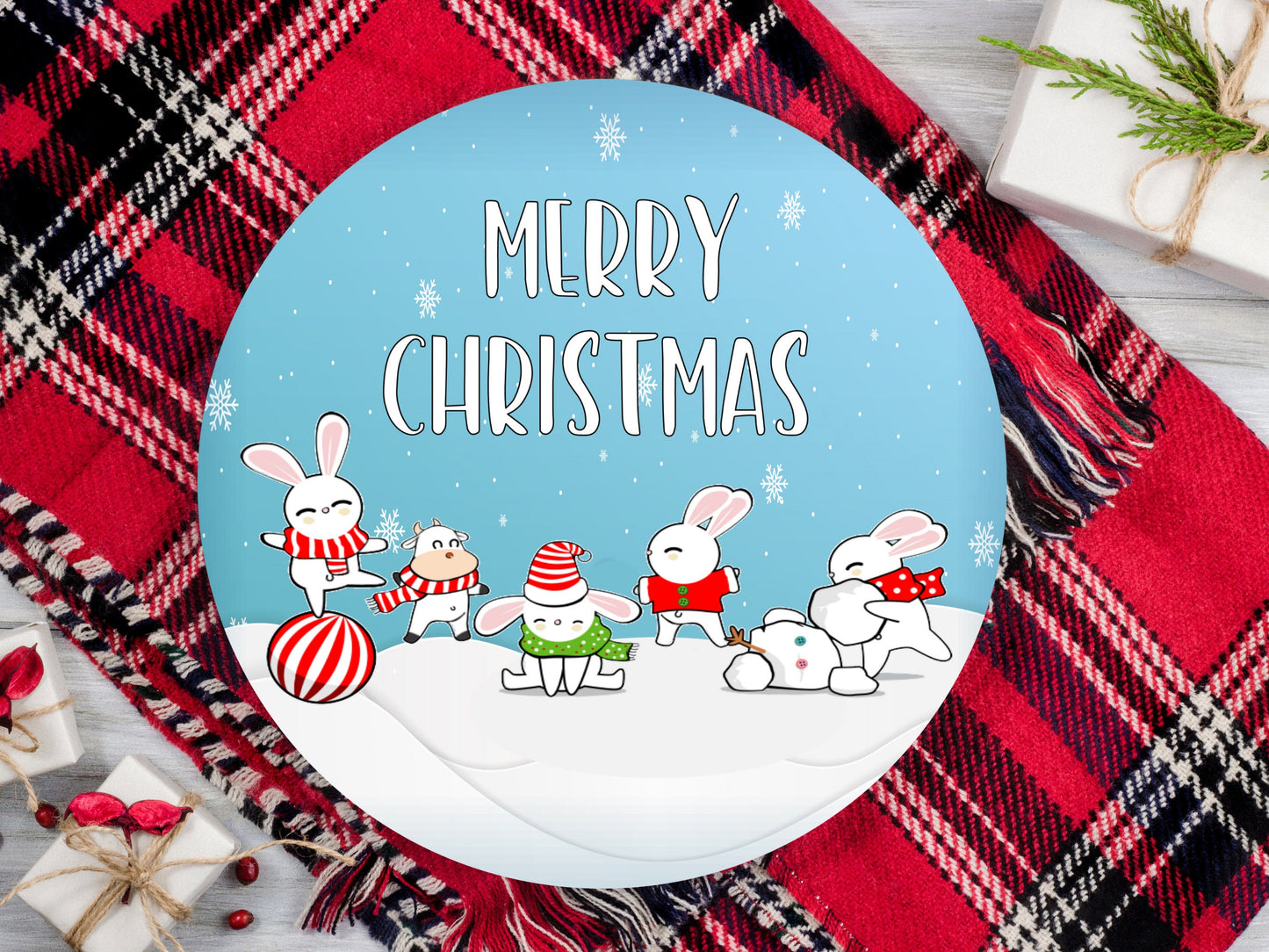 Merry Christmas Rabbits and Cow Round Sign - T-shirt - Hat - Pillow - Apron - Coaster - Cup - Bag - Ornament Design - Digital Download
