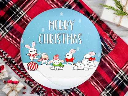 Merry Christmas Rabbits and Cow Round Sign - T-shirt - Hat - Pillow - Apron - Coaster - Cup - Bag - Ornament Design - Digital Download