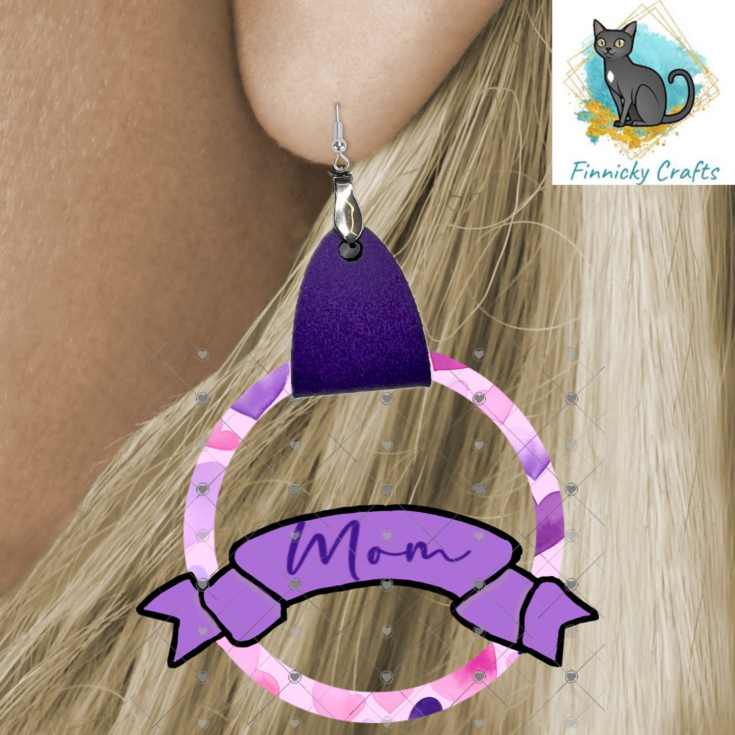 Customizable, Purple, Mom, Mother's Day, Leather Ribbon Earrings PNG, Earring Design, Sublimation Leather Earring.