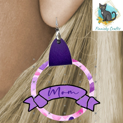 Customizable, Purple, Mom, Mother's Day, Leather Ribbon Earrings PNG, Earring Design, Sublimation Leather Earring.